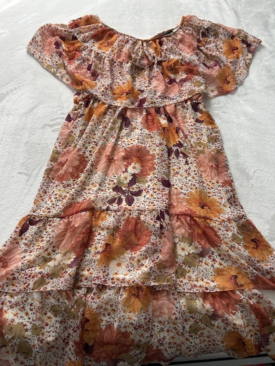 cure Dresses & Skirts - Floral Off-Shoulder Casual Dress in Peach & Mustard